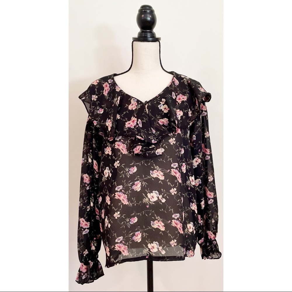 Vintage 90s Floral Bertha Collar Boho Peasant Blouse - Picture 2 of 7
